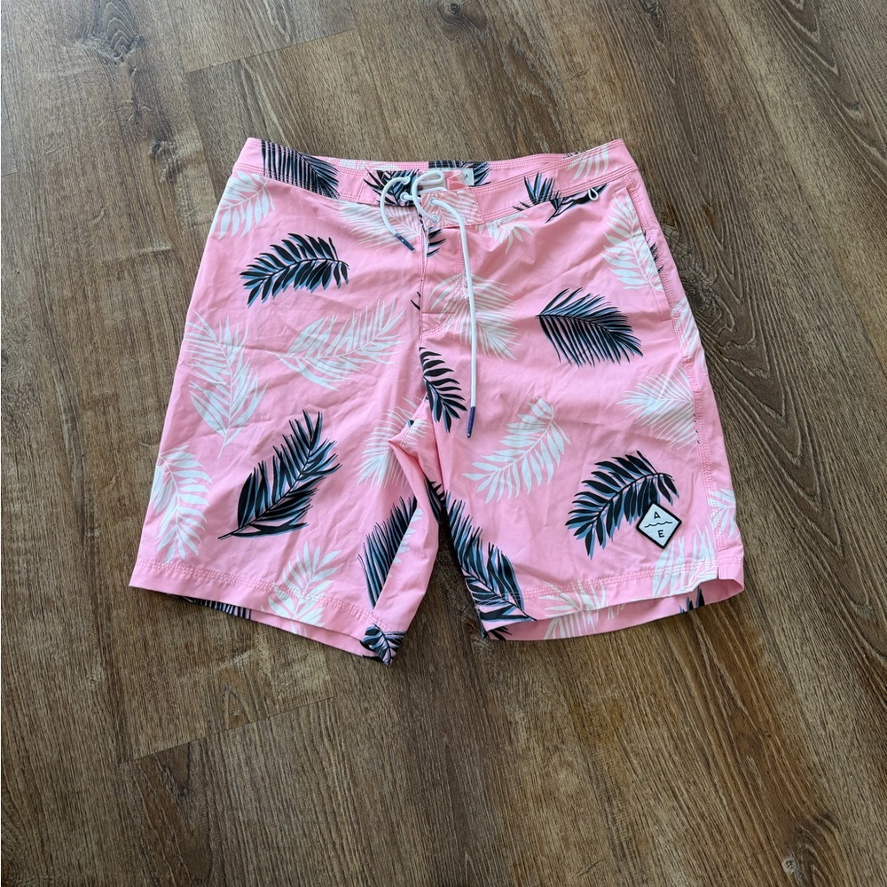American Eagle Outfitters Pink Tropical Leaf Men's Swim Shorts